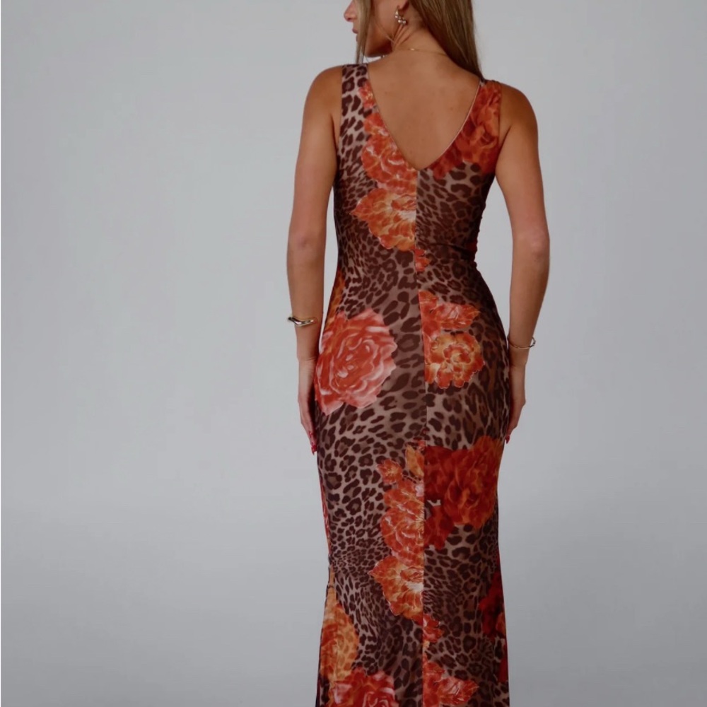 Blue Blush Leopard Print Mesh Maxi Dress with Floral Accents - Picture 2 of 10